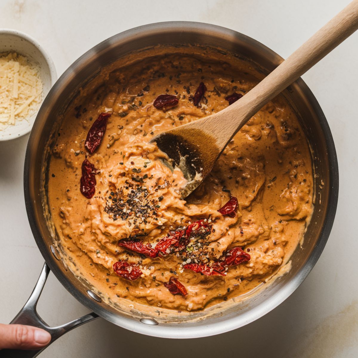 A rich, creamy garlic parmesan sauce with sun-dried tomatoes simmering in a skillet, stirred with a wooden spoon.