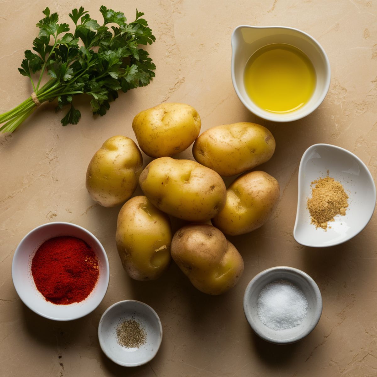 ingredients for Steak and Potatoes Recipe : Fresh parsley, Gold potatoes, olive oil, paprika, garlic powder, salt, and pepper on a beige marble countertop.