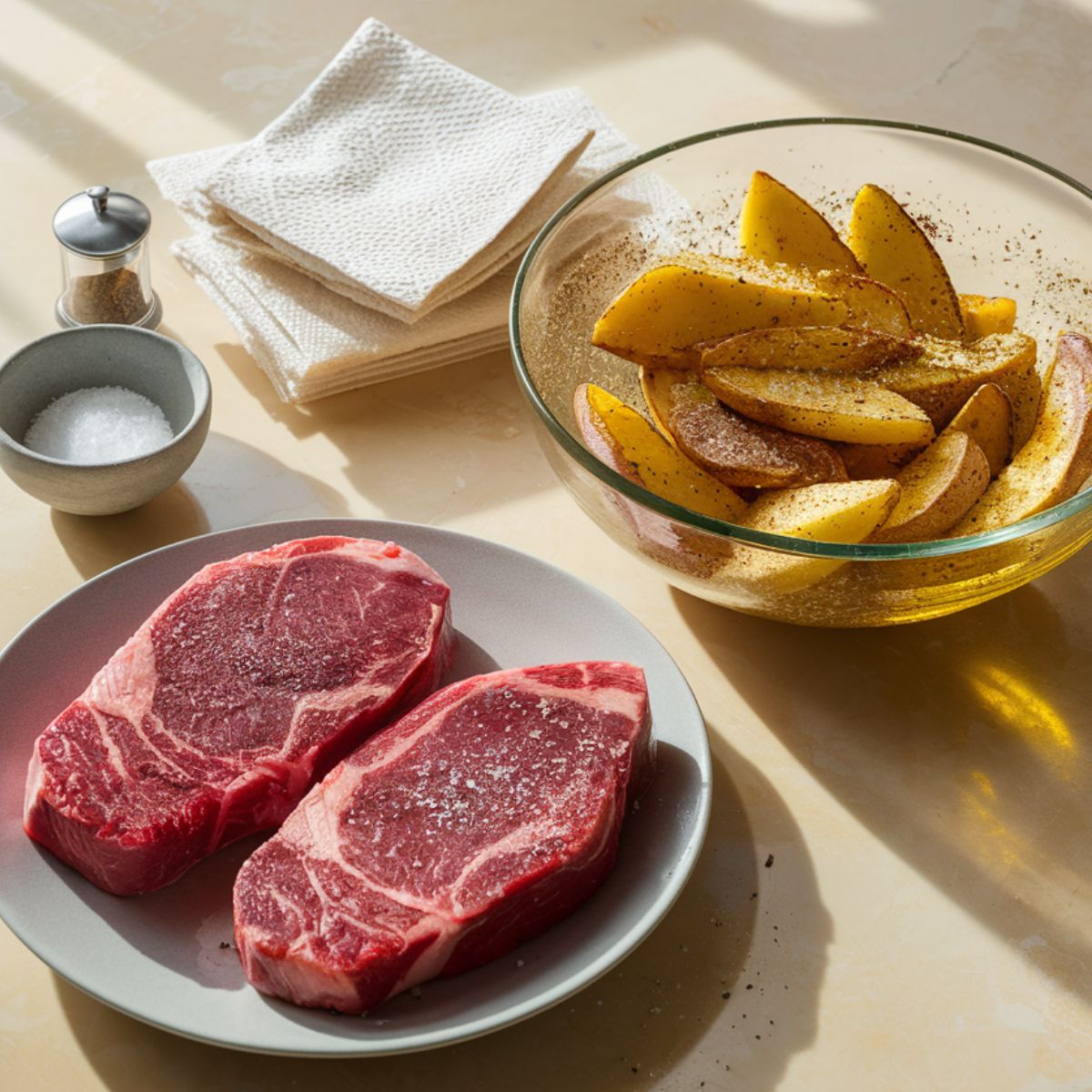 Raw steaks on a plate, Yukon Gold potatoes cut into cubes, and seasoning ingredients arranged on a beige marble countertop.