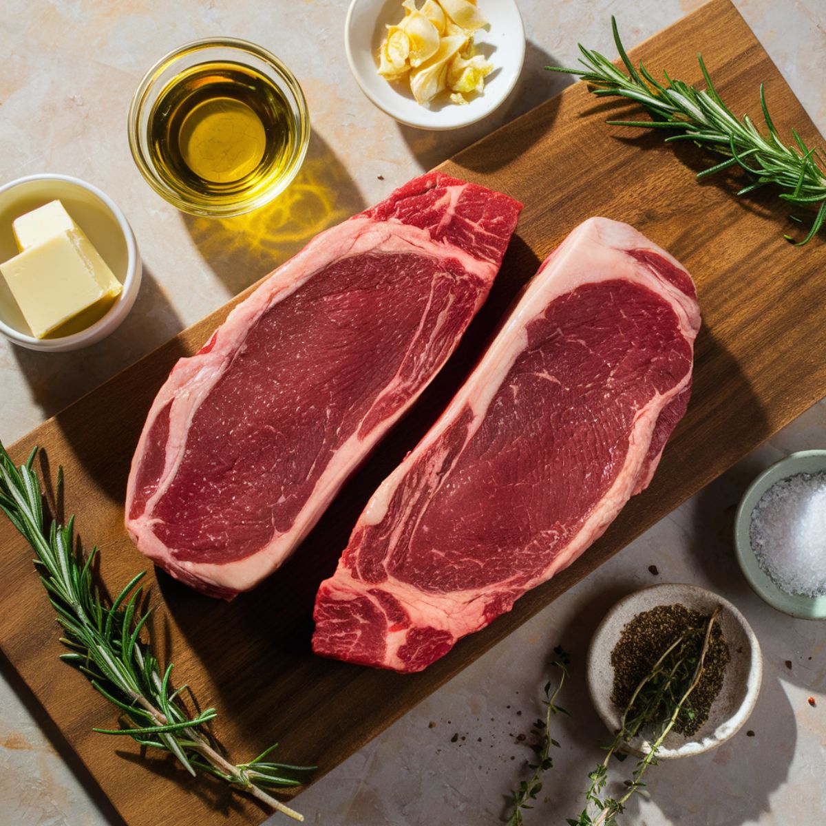 Raw ribeye or sirloin steaks on a wooden board, surrounded by olive oil, butter, crushed garlic, fresh rosemary, thyme, salt, and black pepper.