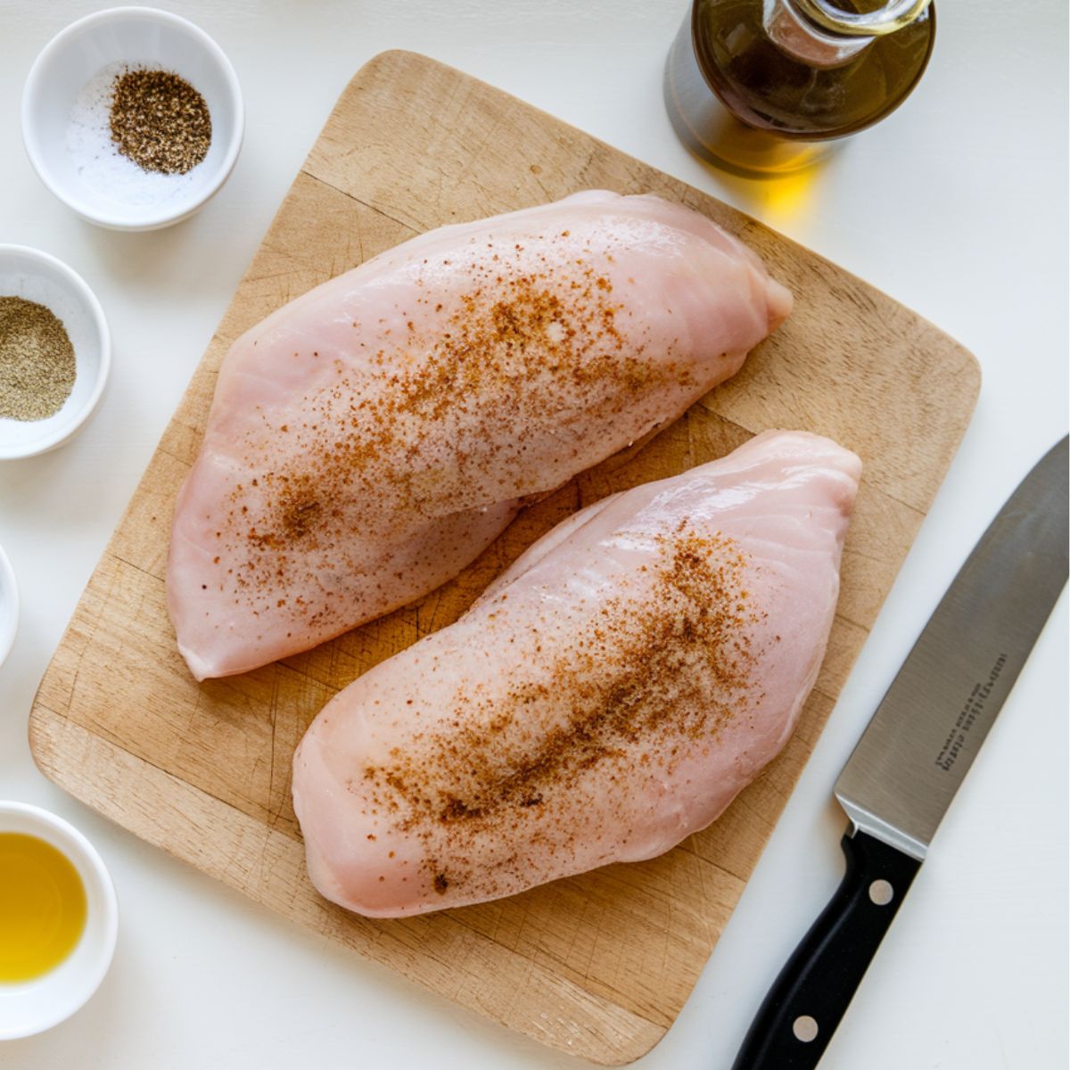 Home cook seasoning raw chicken breasts on a wooden cutting board with salt, pepper, and spices, preparing for cooking.