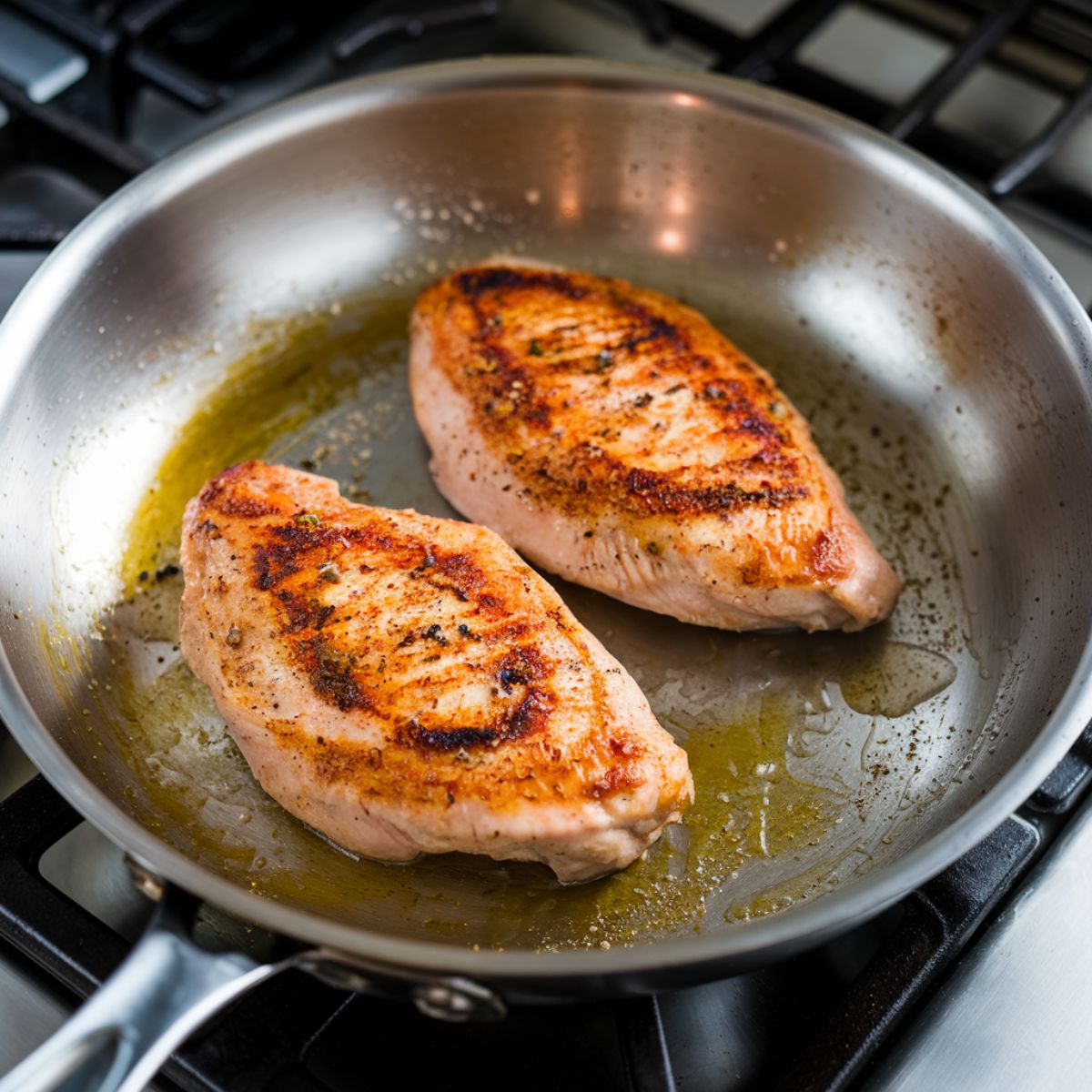 Two golden-brown chicken breasts searing in a skillet with seasoning and olive oil, showing a natural homemade cooking process.