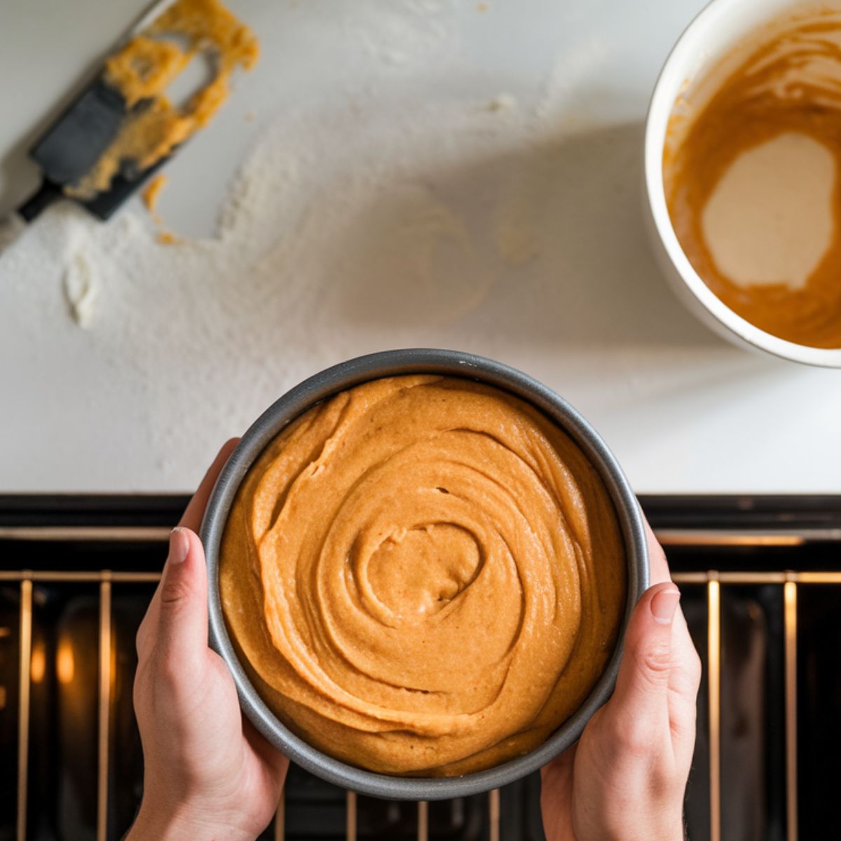 A small carrot cake in a pan being placed into the oven, with baking tools and ingredients nearby.