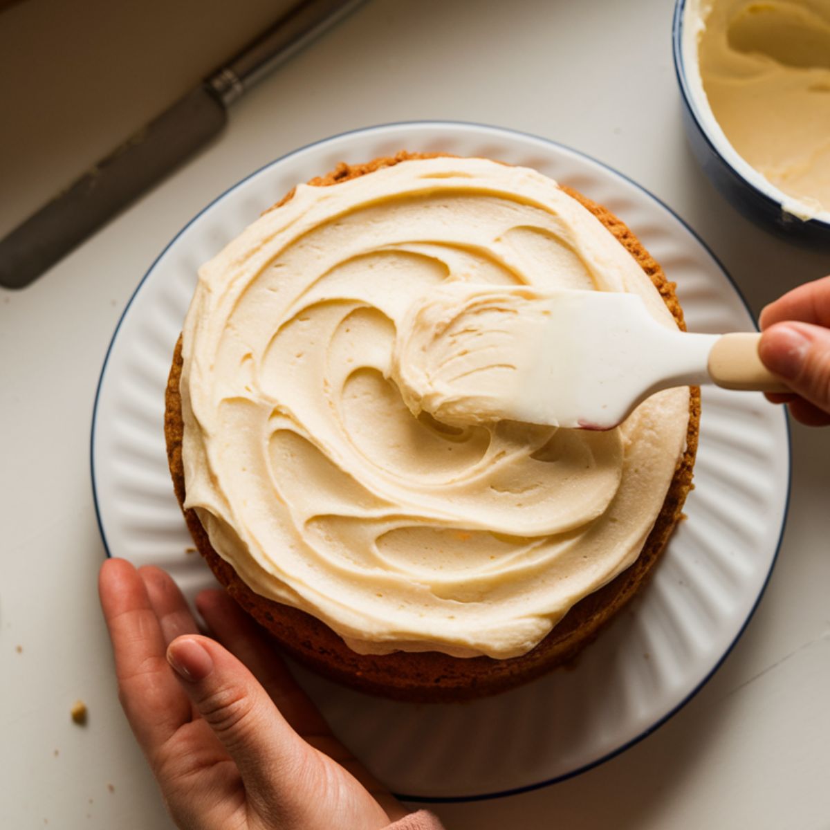 A baker frosting a small carrot cake with cream cheese frosting on a white plate, with walnuts nearby.