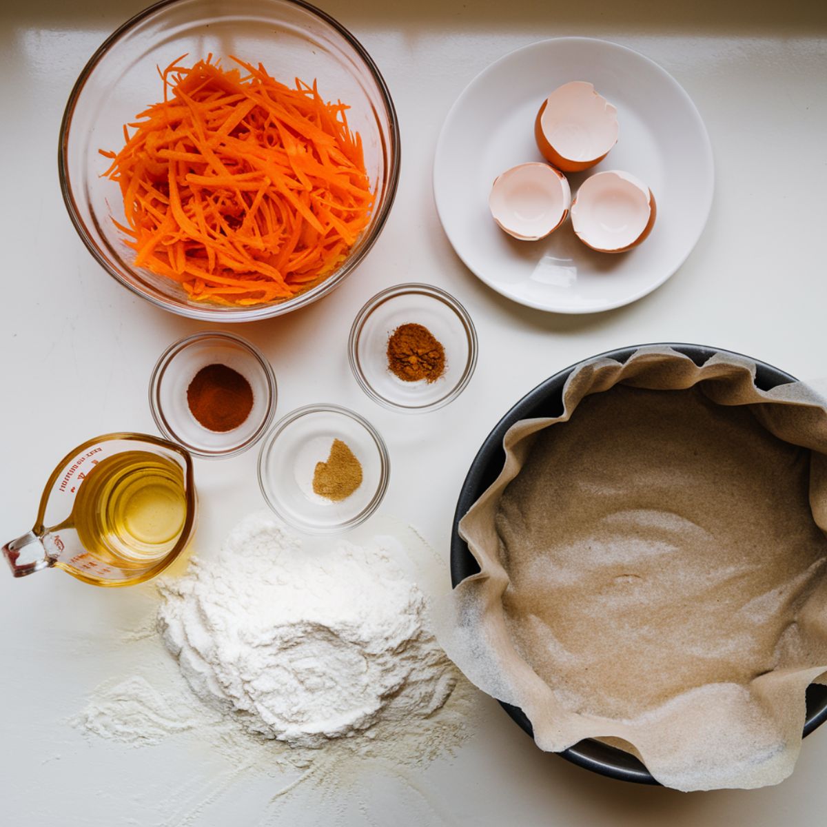 Ingredients for a small carrot cake, including grated carrots, flour, spices, eggs, and sugar, arranged on a white kitchen counter.