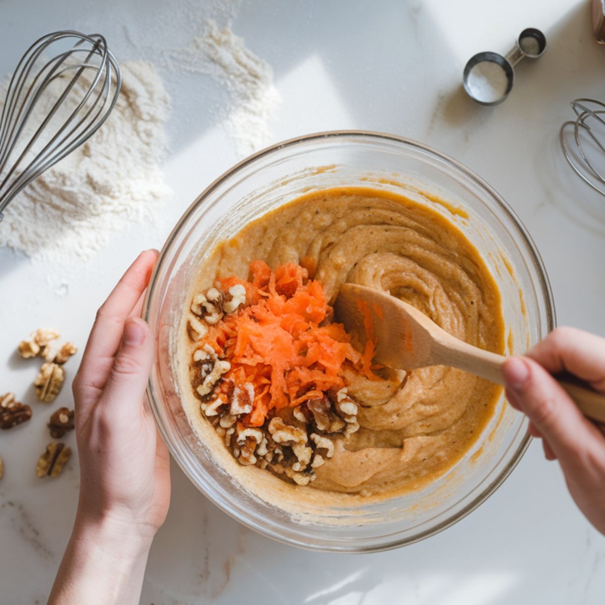 A baker mixing small carrot cake batter with grated carrots and nuts in a glass bowl on a kitchen counter.