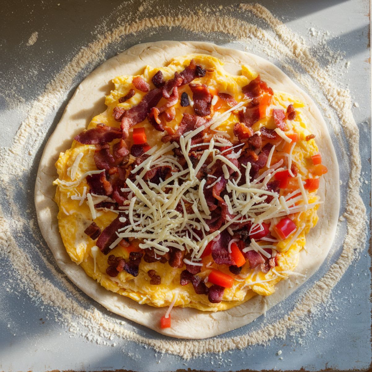 Uncooked breakfast pizza with a rolled-out dough base, topped with a spread of scrambled egg mixture, crispy bacon crumbles, diced red bell peppers, and shredded cheese, sitting on a lightly floured surface.