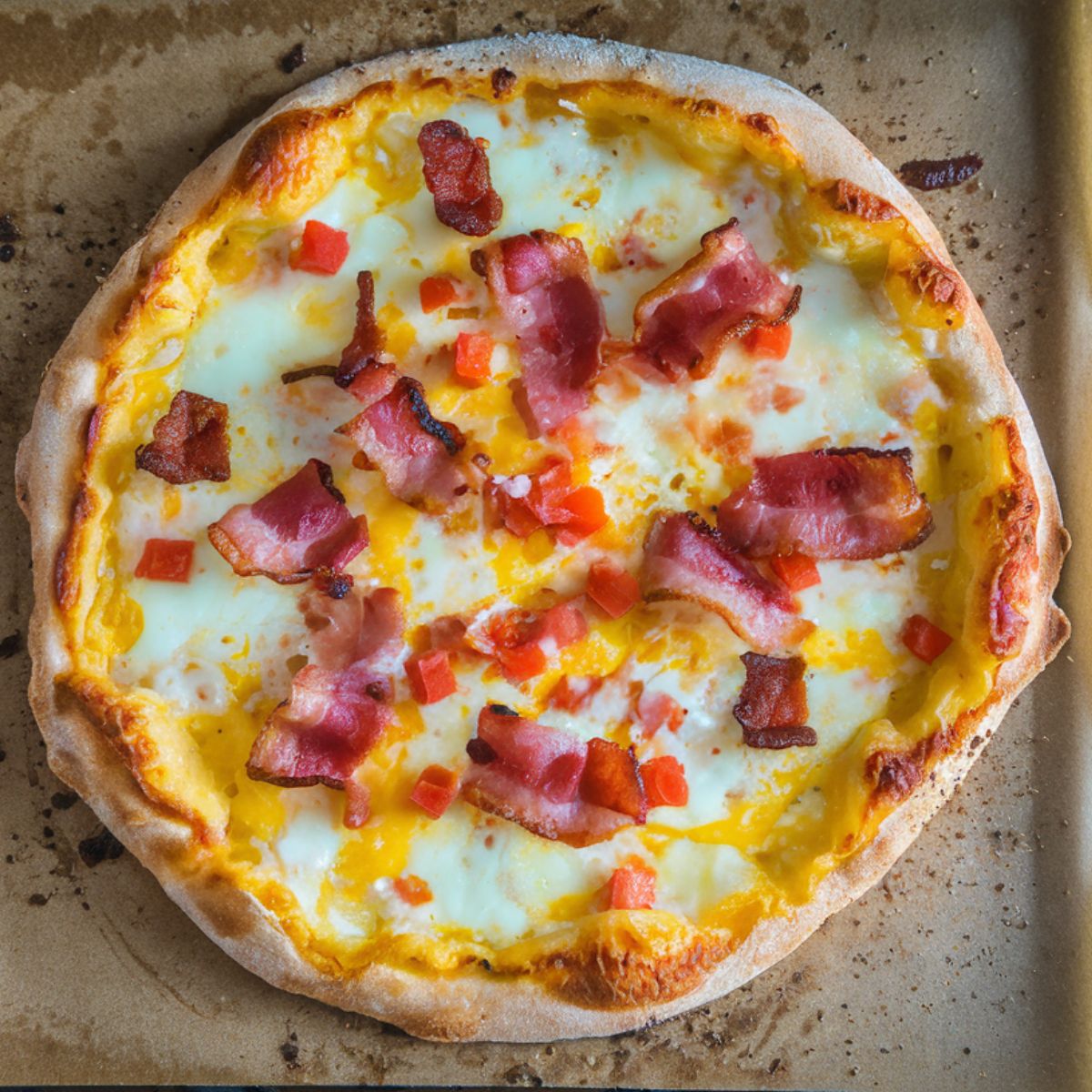 Freshly baked breakfast pizza with a golden, crispy crust, melted cheese, crispy bacon pieces, and diced red bell peppers, resting on a baking sheet.