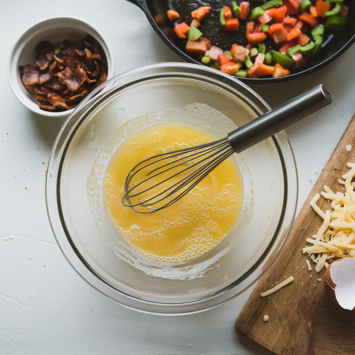 An overhead view of a home cook prepping ingredients for breakfast pizza bites, featuring whisked eggs, crispy bacon, and sautéed bell peppers and onions on a kitchen counter.