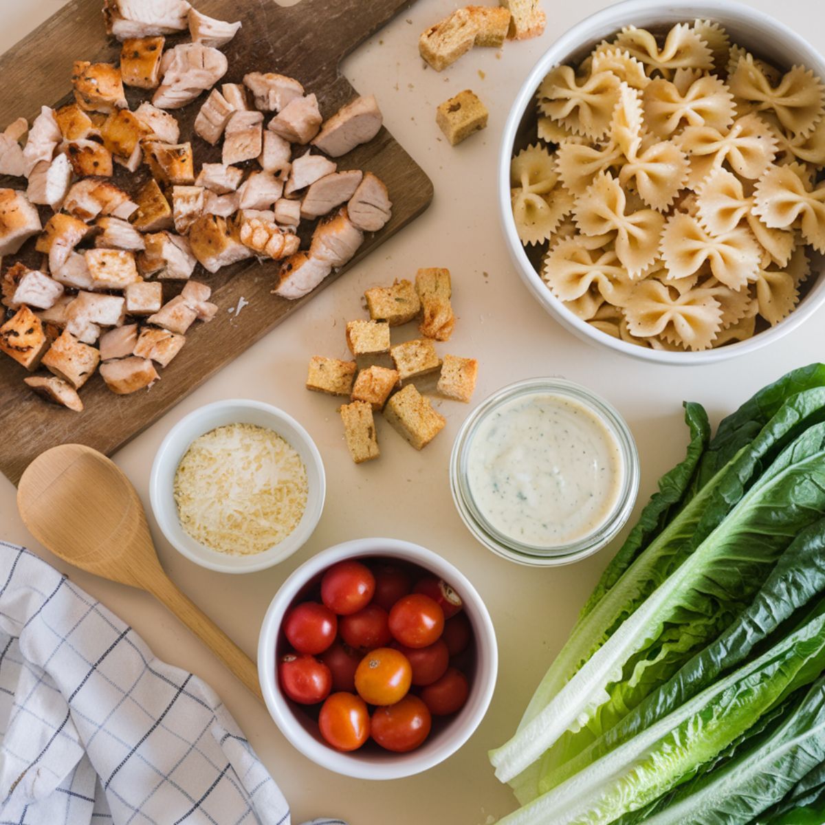 Raw ingredients for Chicken Caesar Pasta Salad recipe, including pasta, grilled chicken, romaine lettuce, parmesan, cherry tomatoes, and croutons, displayed on a kitchen counter.