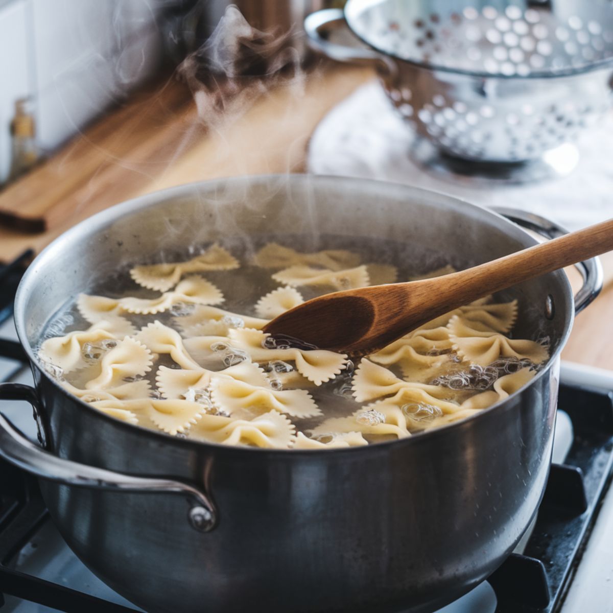 A pot of boiling water with pasta being stirred using a wooden spoon on a white stove.