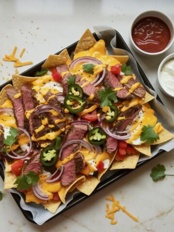 A plate of steak nachos recipe with melted cheese, scrambled eggs, and fresh toppings on a white marble countertop.