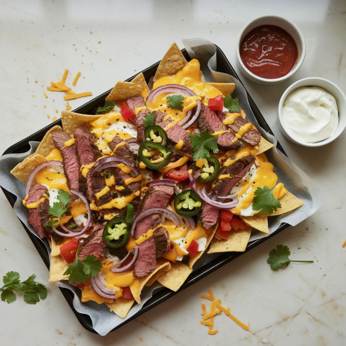 A plate of steak nachos recipe with melted cheese, scrambled eggs, and fresh toppings on a white marble countertop.