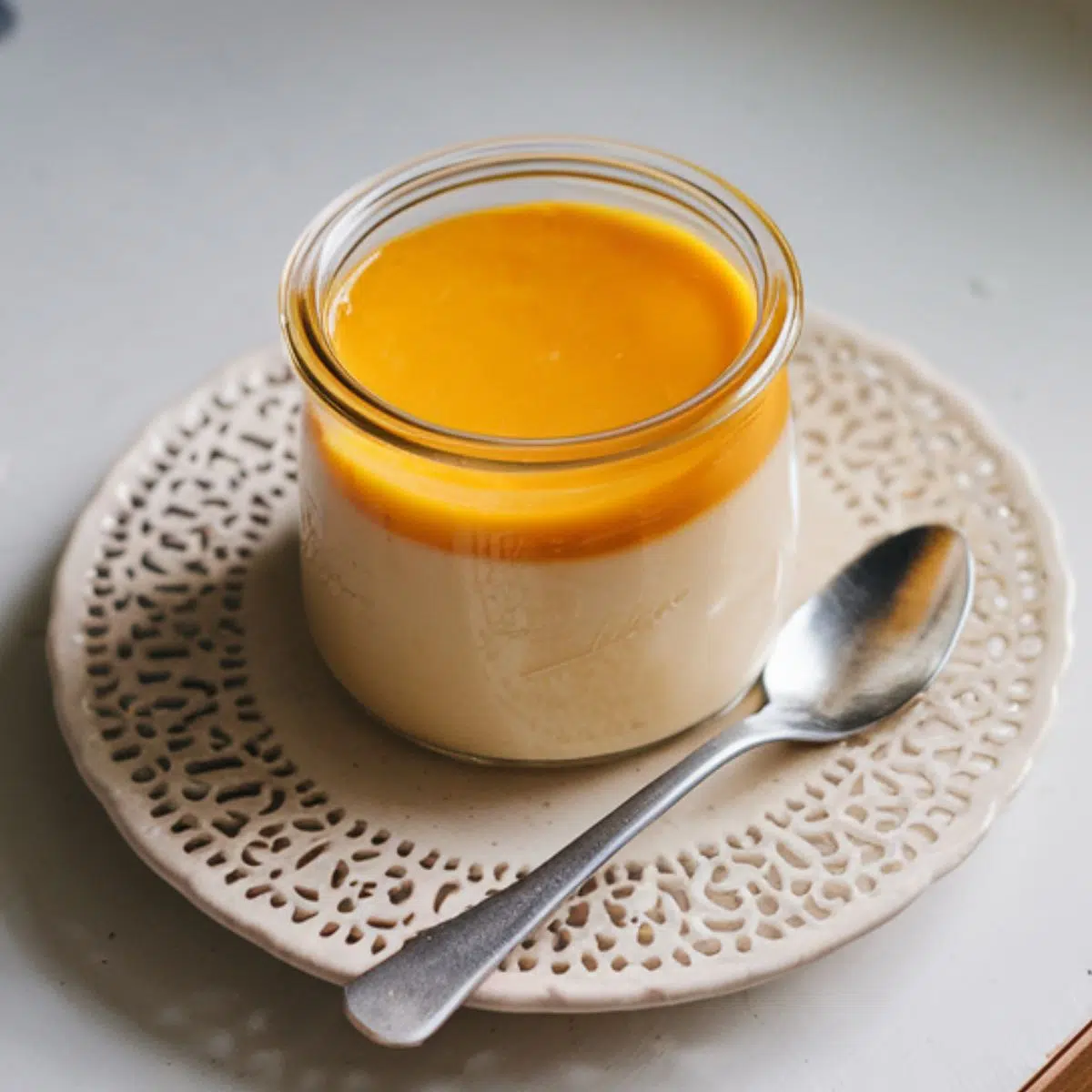 Homemade mango panna cotta recipe in a glass jar with a golden mango topping on a white kitchen counter.