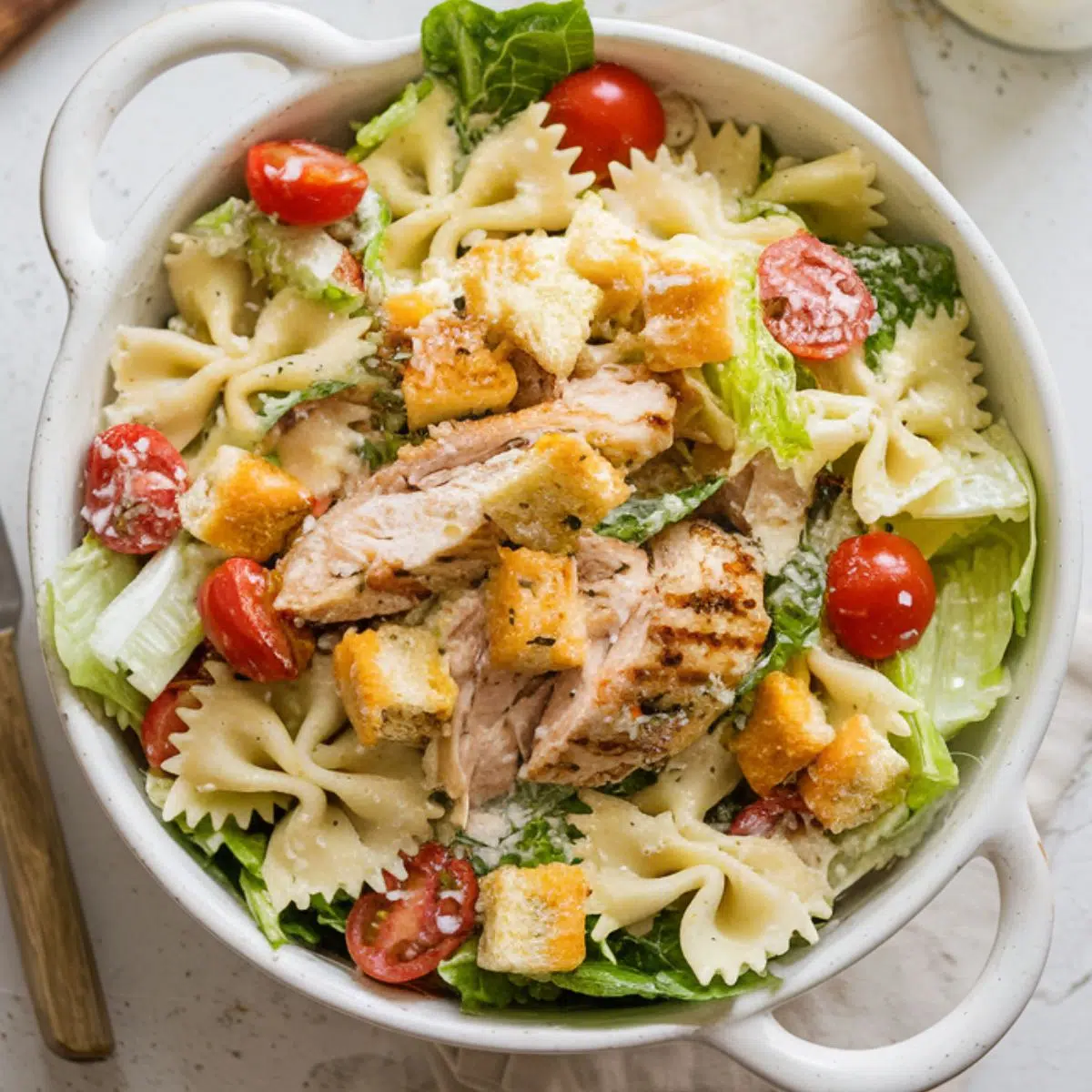 A bowl of freshly made Chicken Caesar Pasta Salad Recipe with crispy romaine, grilled chicken, cherry tomatoes, parmesan, and croutons on a white kitchen counter.