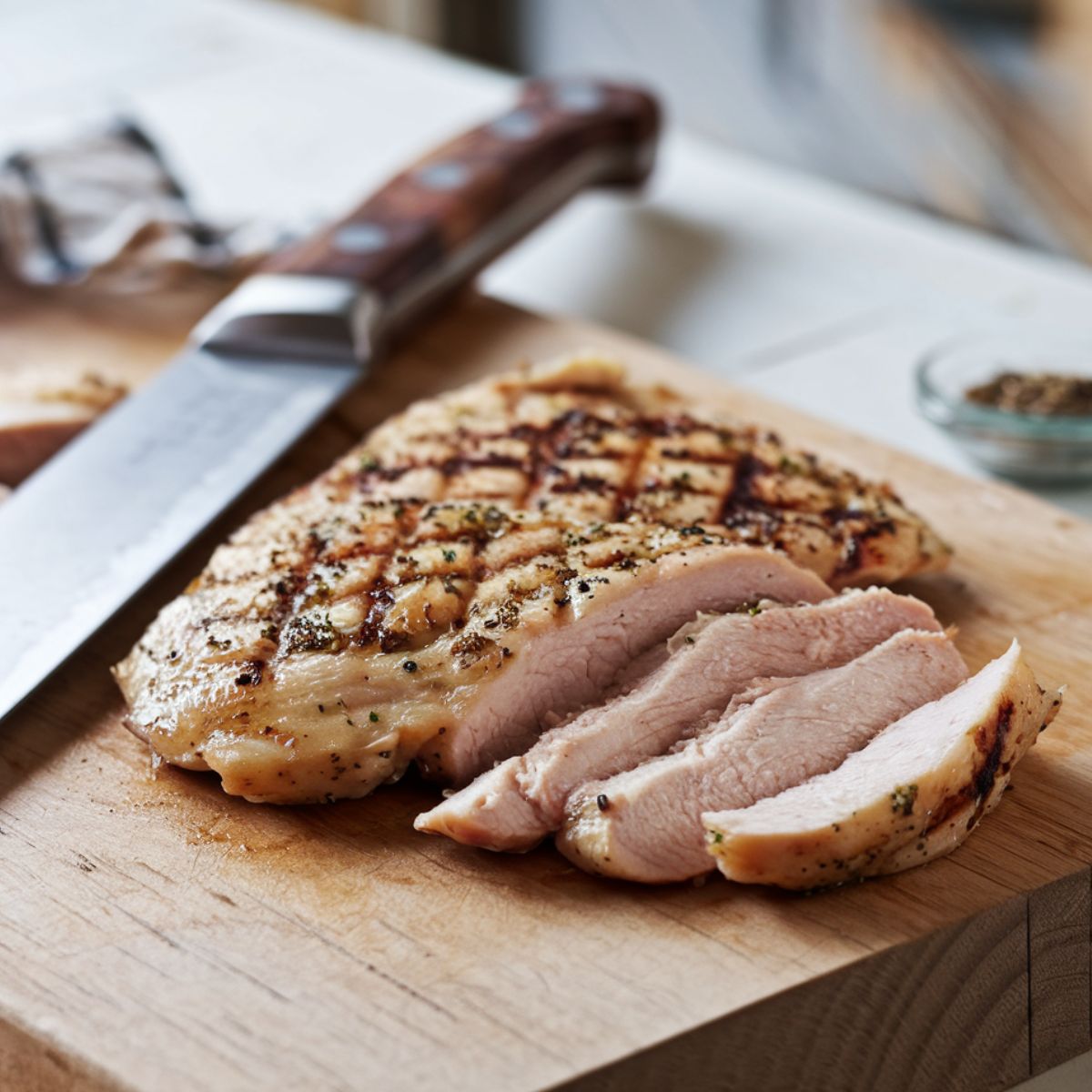 Sliced grilled chicken breast resting on a cutting board with a knife beside it.