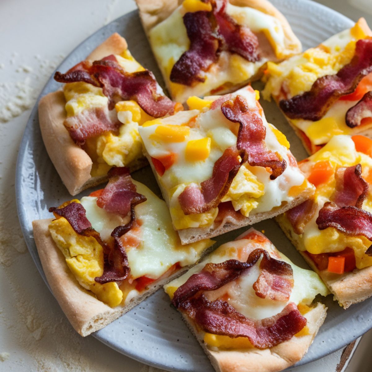 Homemade breakfast pizza bites fresh out of the oven, with crispy edges and gooey melted cheese, served on a plate on a kitchen counter.