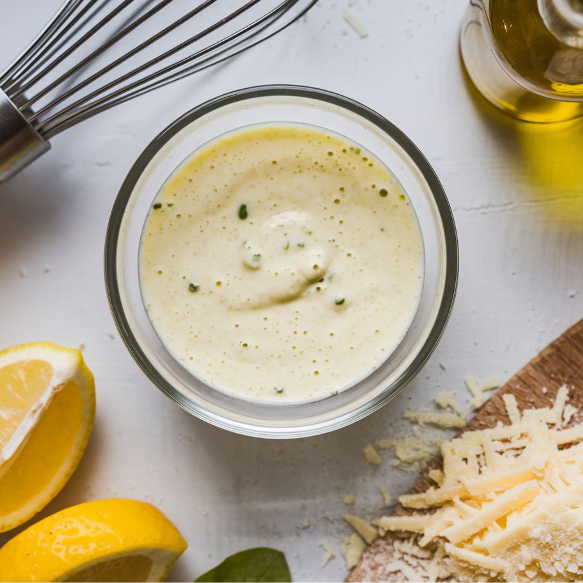 A small glass bowl with creamy homemade Caesar dressing, with a whisk resting beside it.