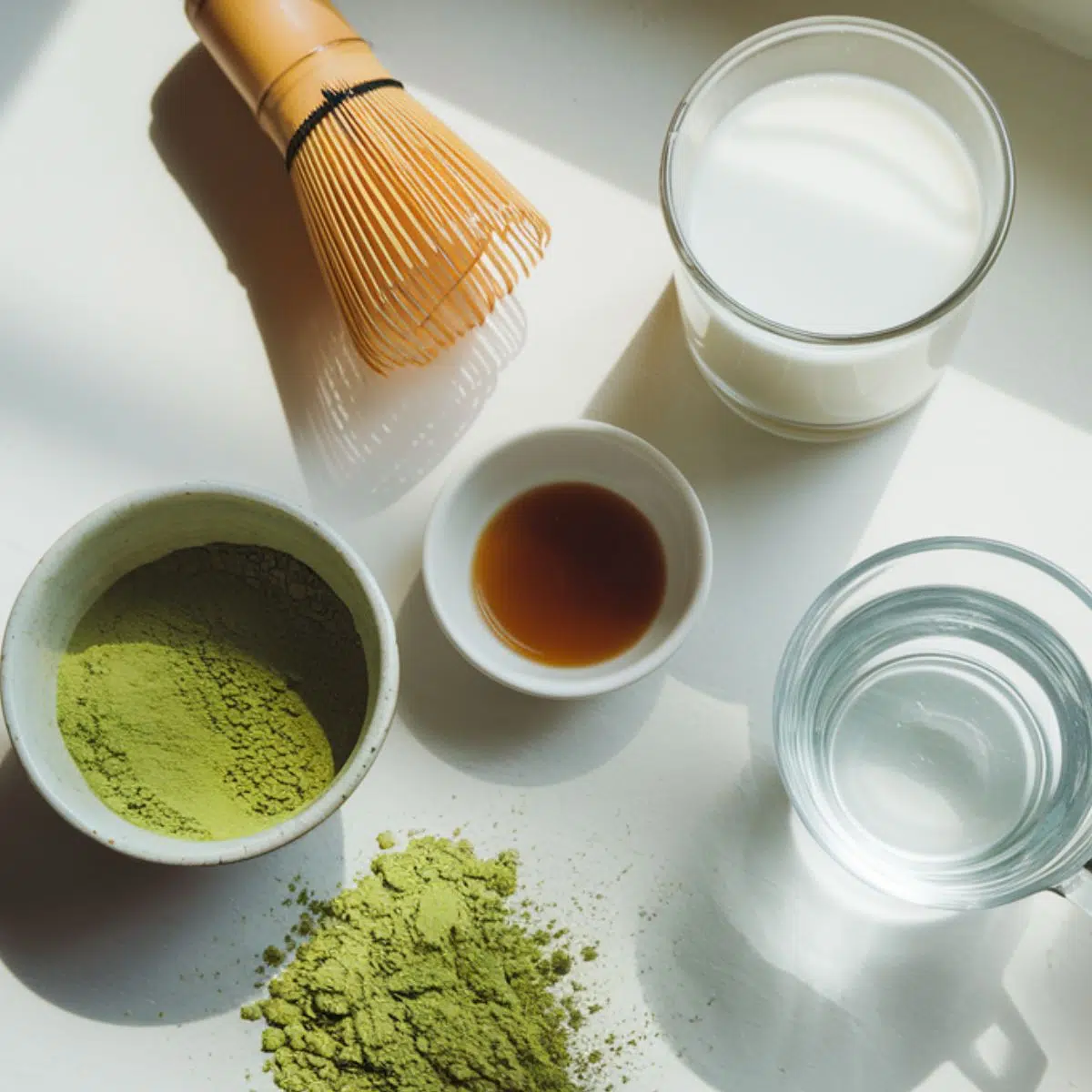 All ingredients for a Starbucks Matcha Green Tea Latte Recipe, including matcha powder, milk, vanilla syrup, and a whisk, displayed on a white kitchen counter.