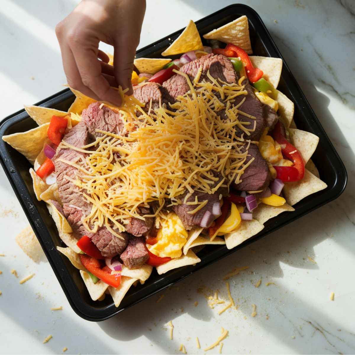 Nachos being assembled on a baking sheet with steak, eggs, and cheese for steak nachos recipe.