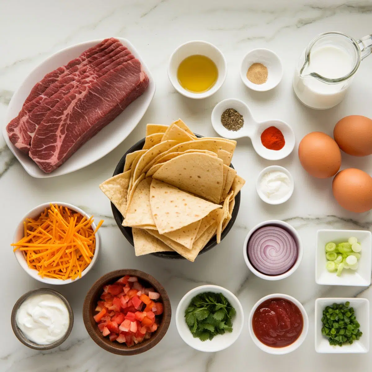 Ingredients for steak nachos recipe arranged on a marble countertop, including steak, tortilla chips, eggs, cheese, spices, and fresh toppings.