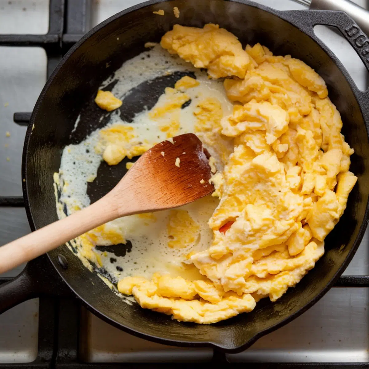 Scrambled eggs cooking in a skillet on a white marble countertop for steak nachos recipe.