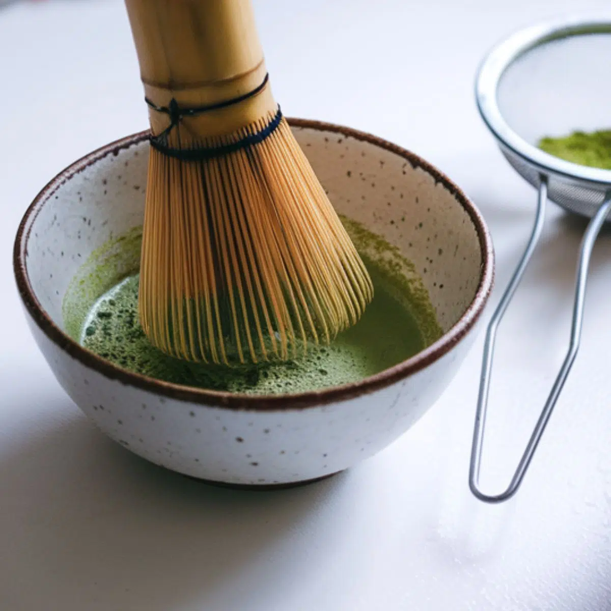  Whisking matcha powder with warm water to create a smooth base for the Starbucks Matcha Green Tea Latte Recipe.