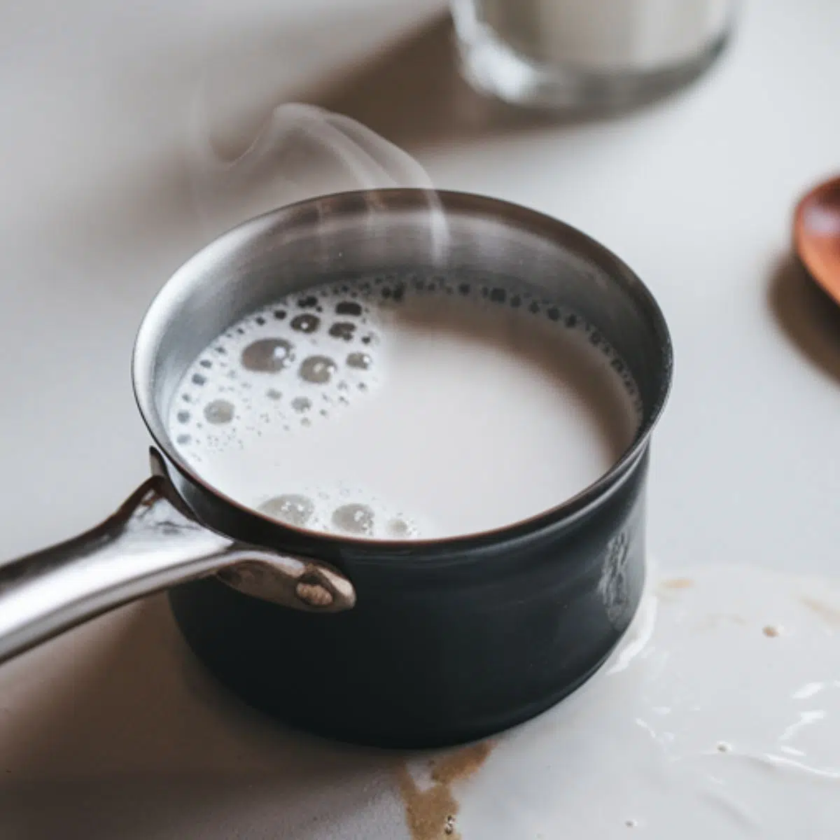  Frothing warm milk with a handheld frother to create a creamy texture for the Starbucks Matcha Green Tea Latte Recipe.