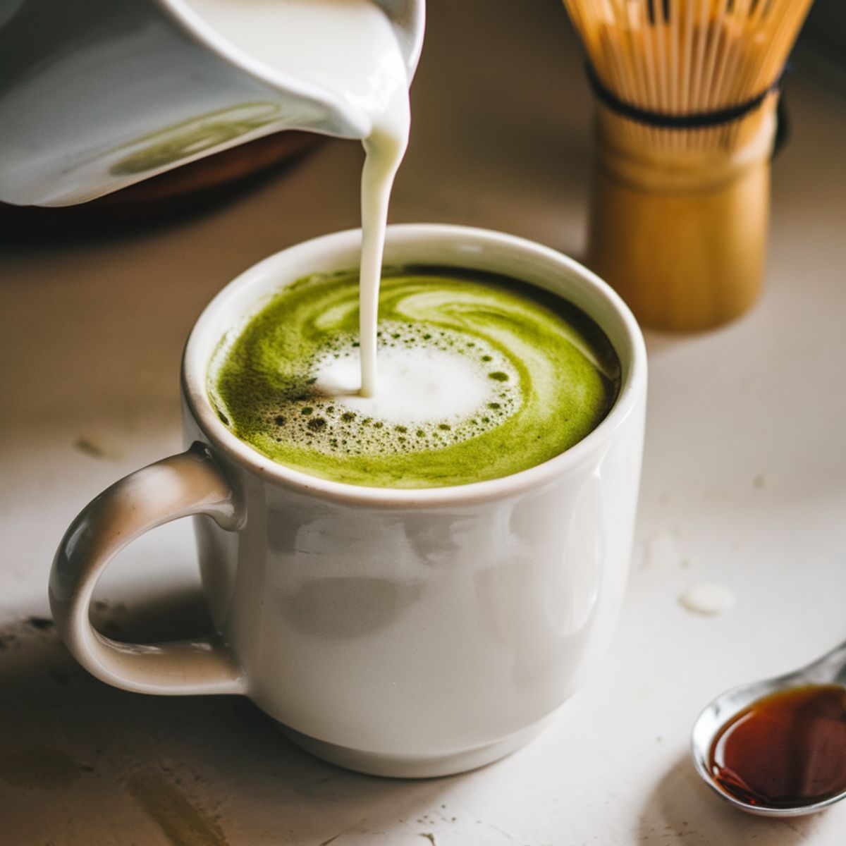 Pouring frothed milk into a matcha mixture to create a smooth and creamy Starbucks Matcha Green Tea Latte Recipe.