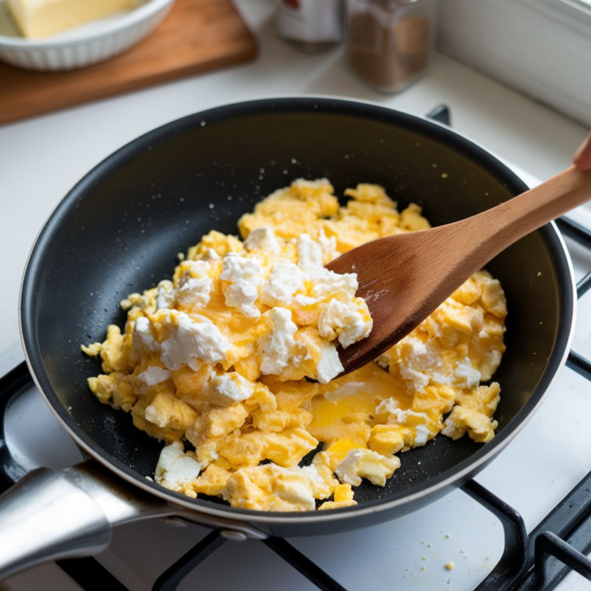 Scrambled eggs cooking in a non-stick pan with cottage cheese just added, a wooden spatula folding the eggs on a stovetop.