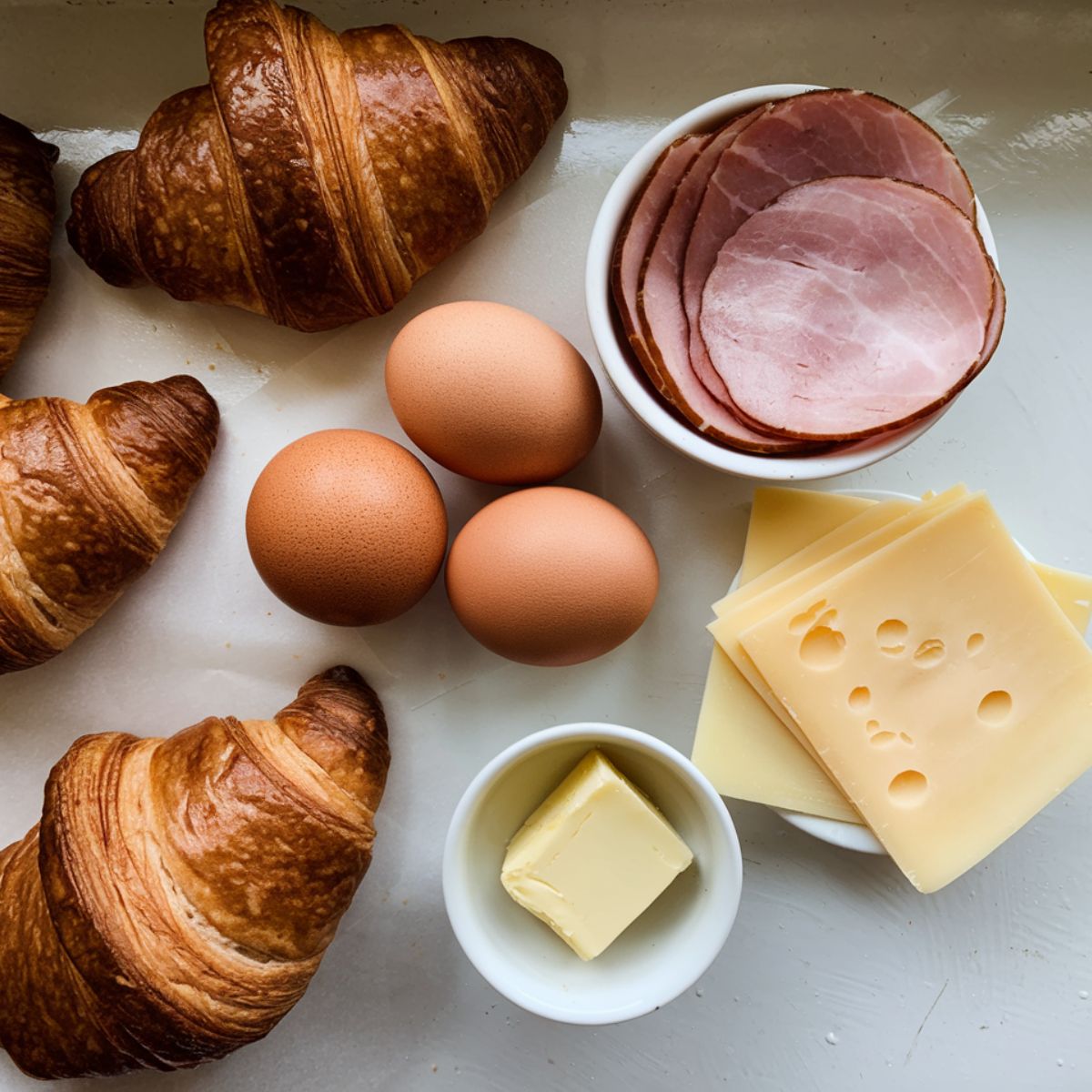  A top-down view of fresh croissants, eggs, ham, cheese, butter, and leafy greens on a white kitchen counter.