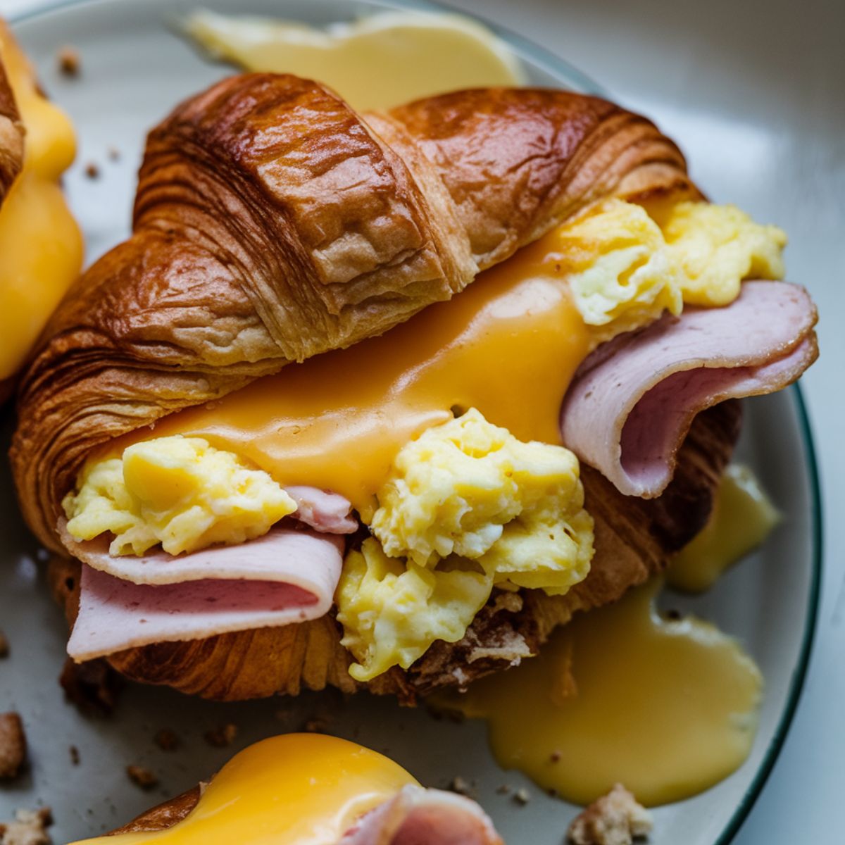 A golden, flaky croissant sandwich filled with ham, melted cheese, and spinach, served on a plate.