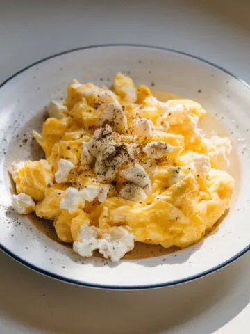 A plate of scrambled eggs and cottage cheese on a white plate, garnished with black pepper, placed on a white kitchen countertop with natural light.