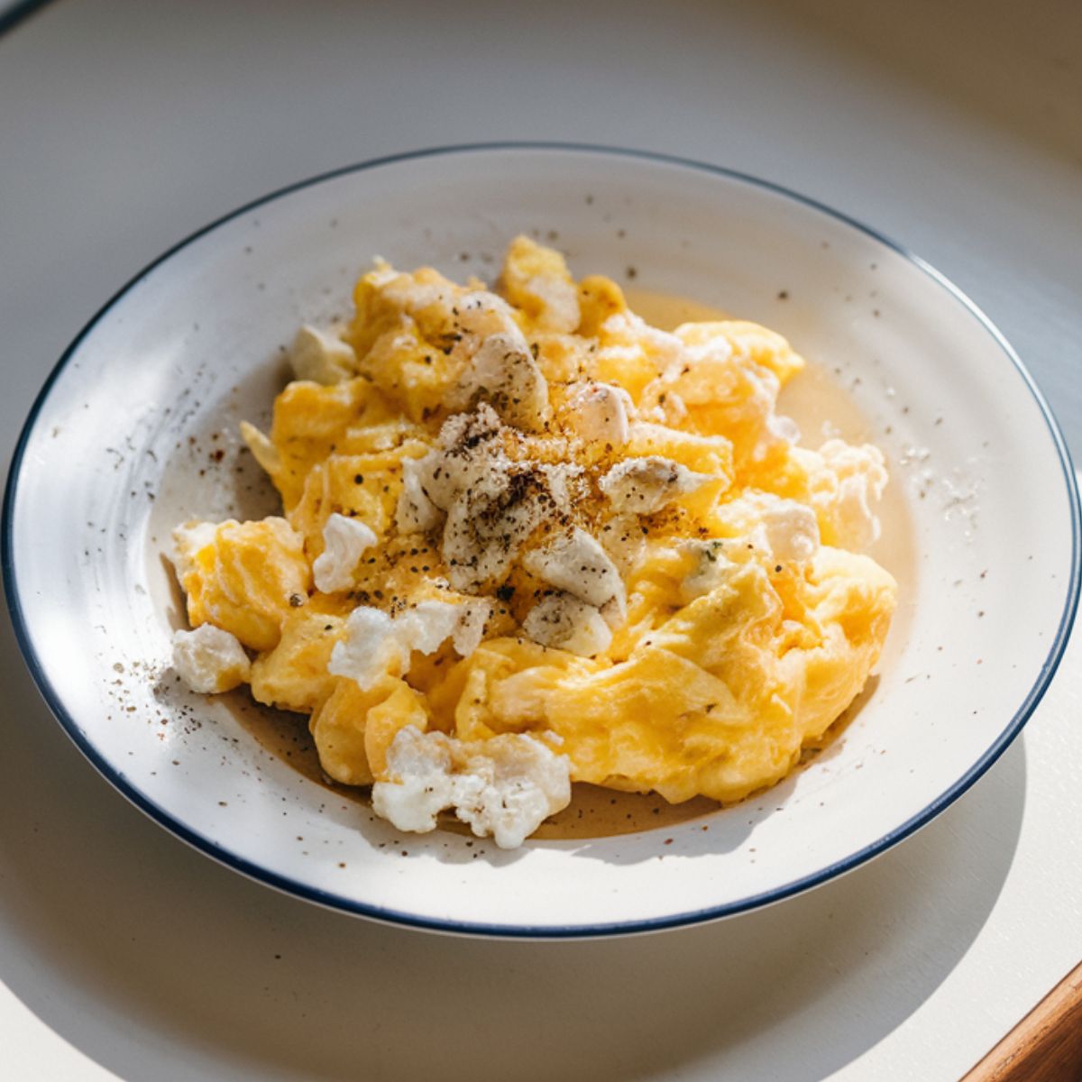  A plate of scrambled eggs and cottage cheese on a white plate, garnished with black pepper, placed on a white kitchen countertop with natural light.