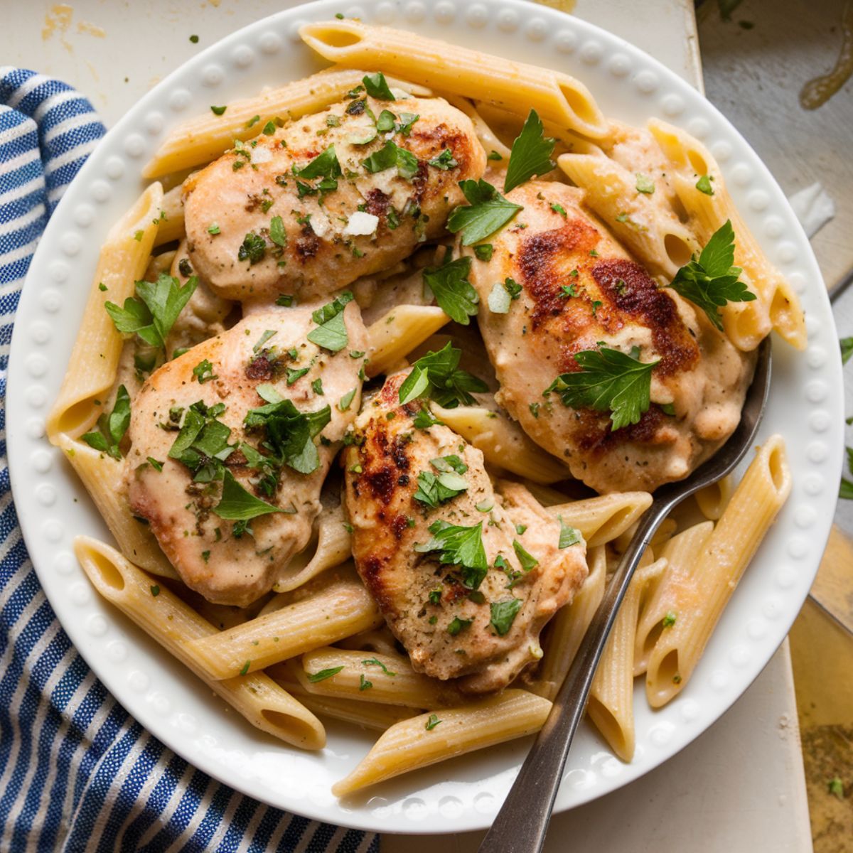  A bowl of creamy garlic parmesan chicken pasta with golden-brown chicken pieces and a creamy white sauce, garnished with fresh parsley, served on a white plate on a home kitchen counter.