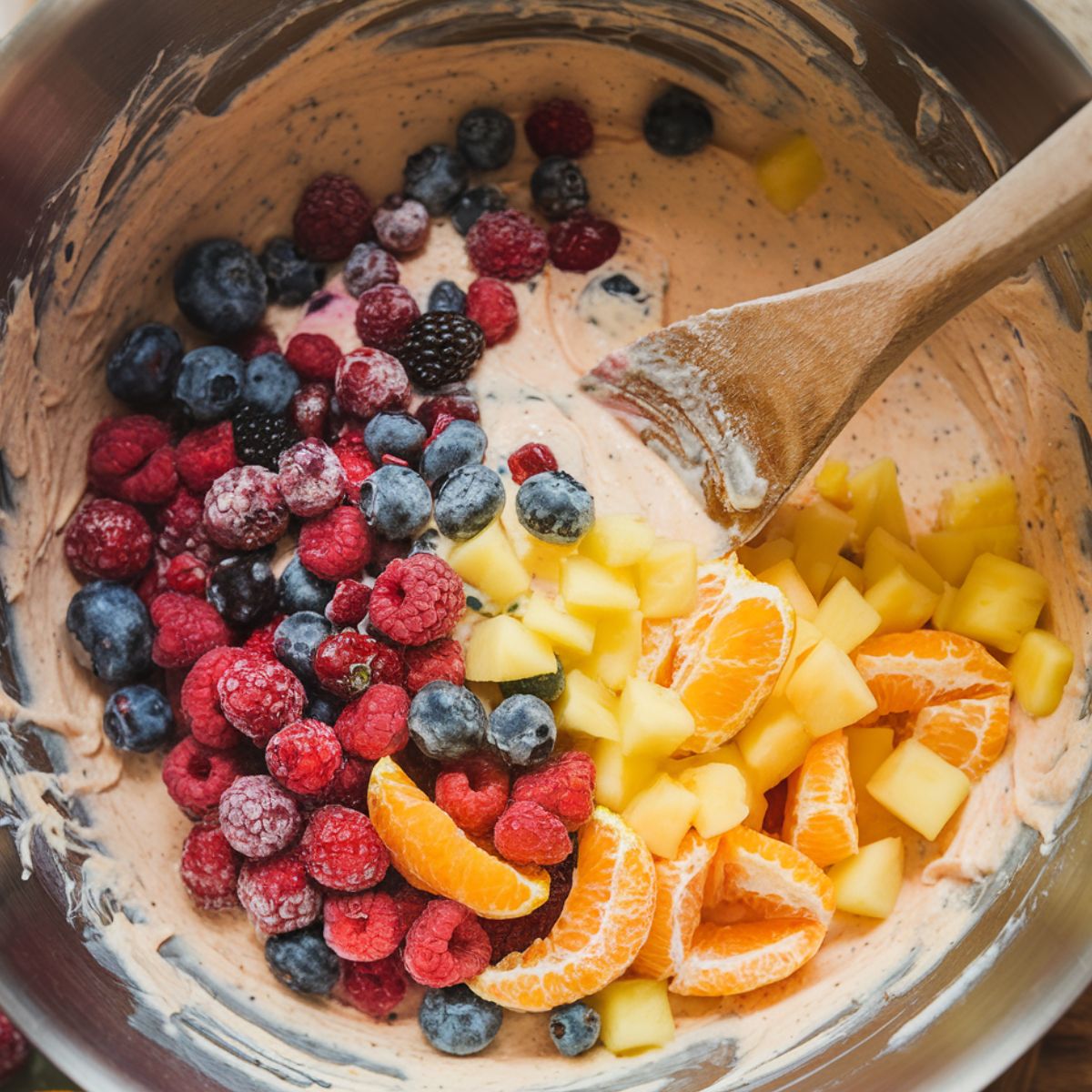 A bowl of creamy base with mixed fruits being gently folded in with a wooden spoon.