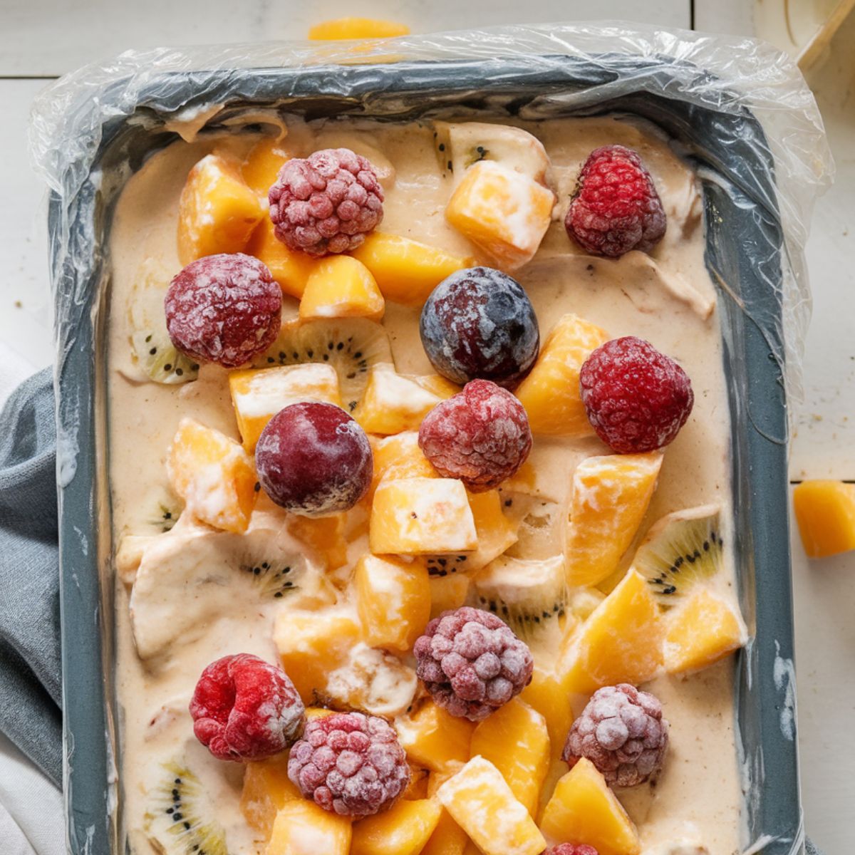 A loaf pan lined with plastic wrap, filled with the creamy fruit salad mixture, ready to be frozen.