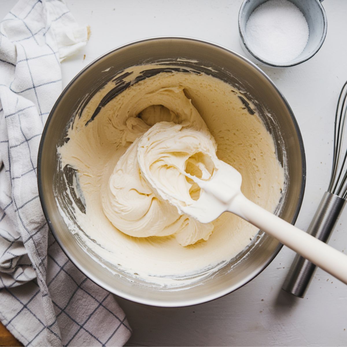  A mixing bowl with whipped cream cheese and a spatula, ready to be combined with other ingredients.