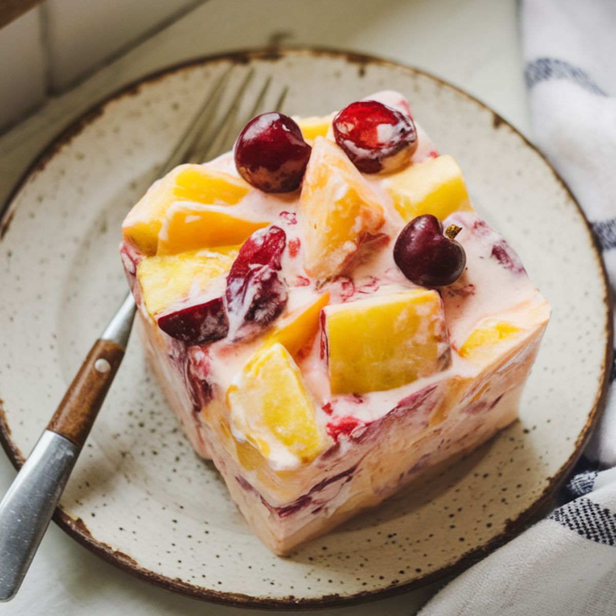 A slice of frozen fruit salad served on a plate with a fork, showing creamy texture and colorful fruits.