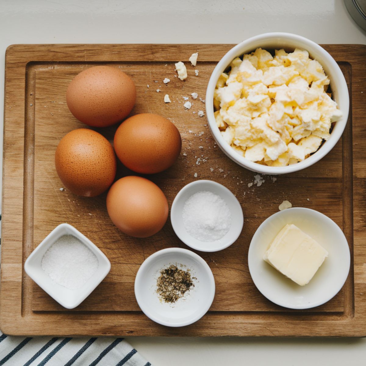 A flat lay of eggs, cottage cheese, butter, chives, and seasoning on a wooden cutting board, slightly messy for a homemade feel.