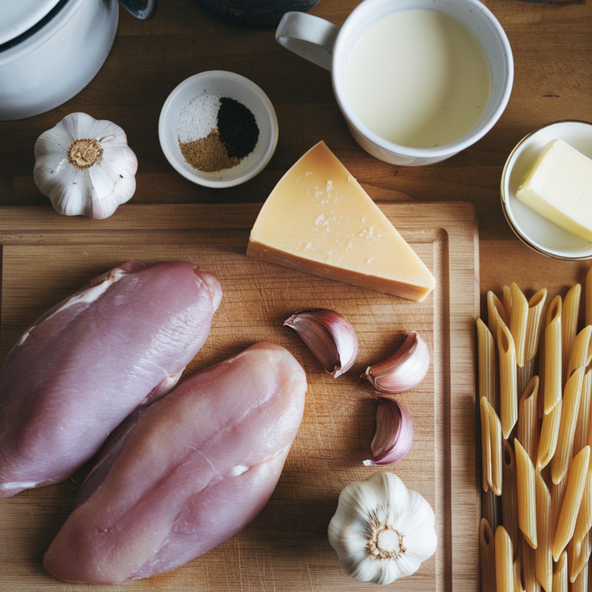  A flat lay of ingredients for garlic parmesan chicken pasta, including raw chicken breasts, parmesan cheese, garlic cloves, butter, pasta, heavy cream, and seasonings, laid out on a wooden