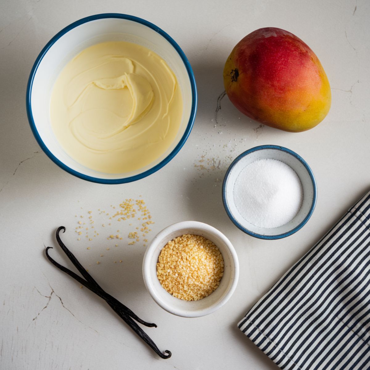 Mango panna cotta ingredients—mango, cream, sugar, and vanilla—on a white kitchen counter.