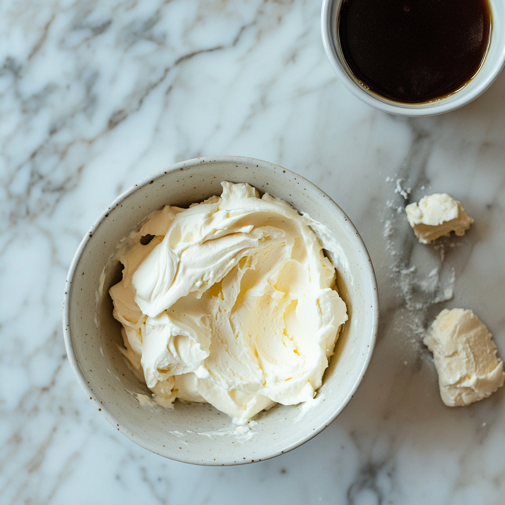Mascarpone cream being folded in a bowl next to a cup of espresso