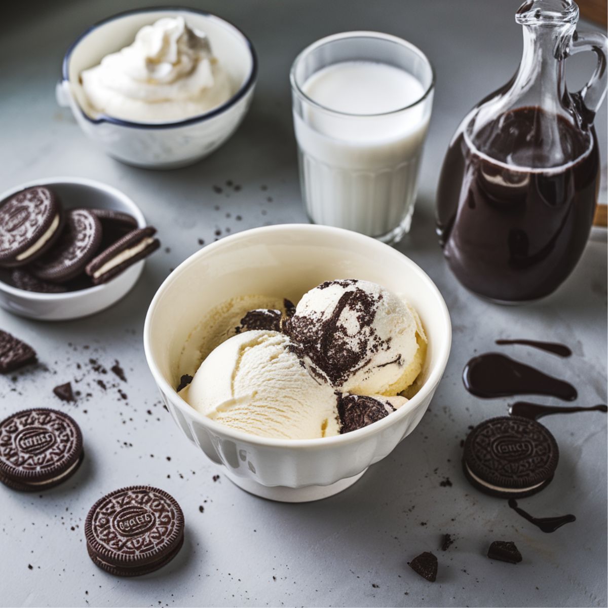 Oreo milkshake recipe ingredients: ice cream, milk, Oreos, chocolate syrup, and whipped cream.