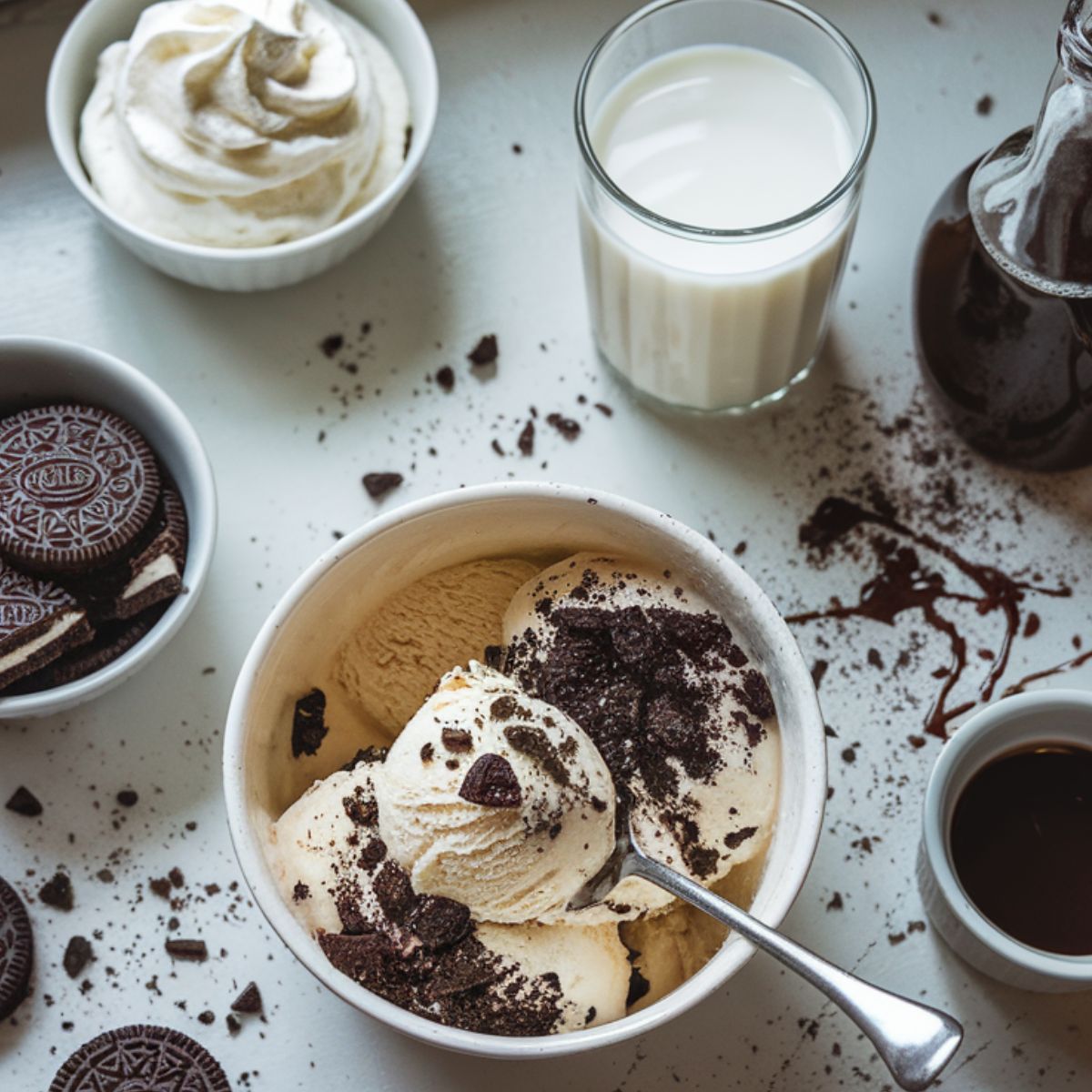 Oreo milkshake ingredients laid out on a white kitchen counter.