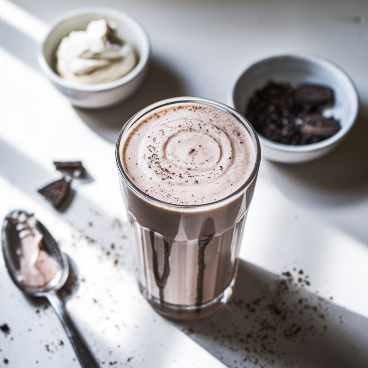 Pouring a creamy Oreo milkshake into a tall glass with toppings.