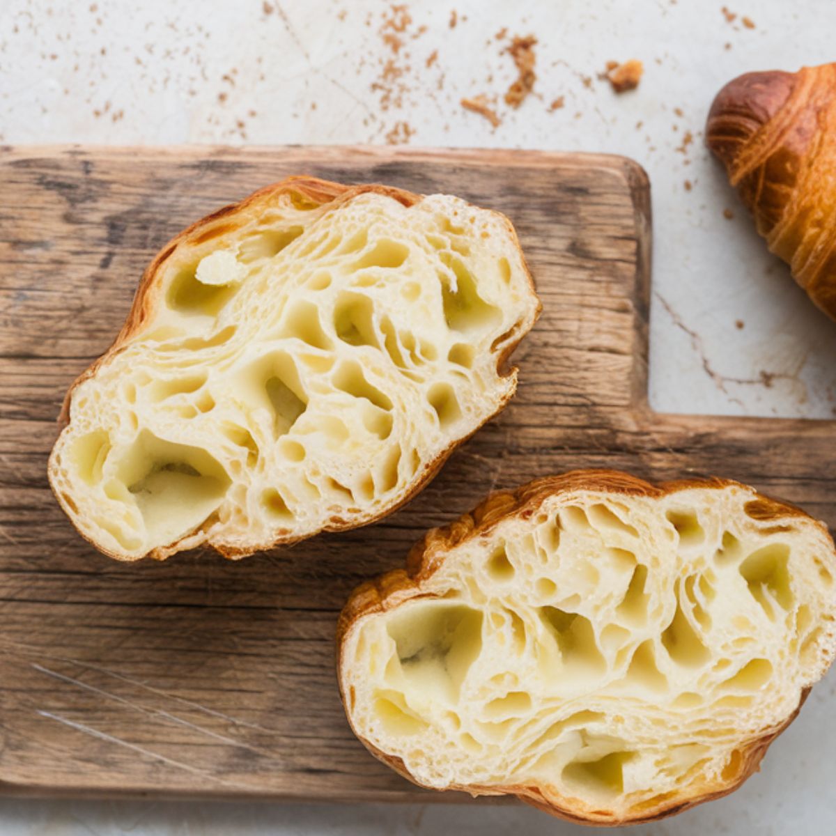 A freshly baked croissant sliced in half, revealing its airy, flaky interior on a rustic wooden cutting board with crumbs scattered around.