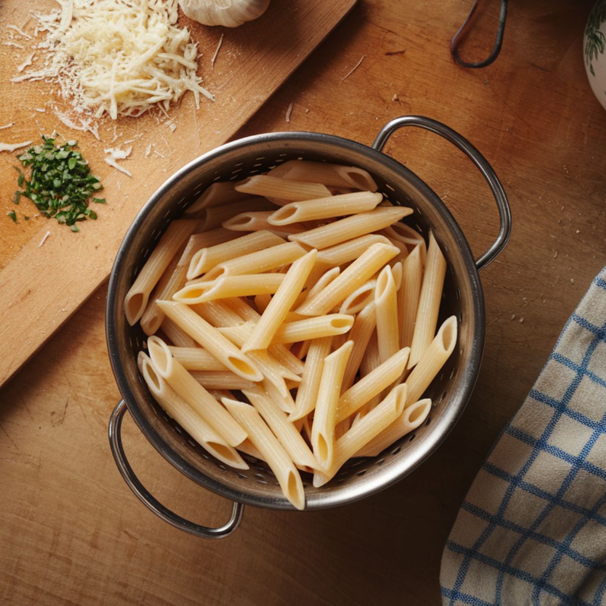 Cooked penne pasta draining in a colander, with a side view of minced garlic, grated parmesan, and cubed raw chicken on a cutting board.