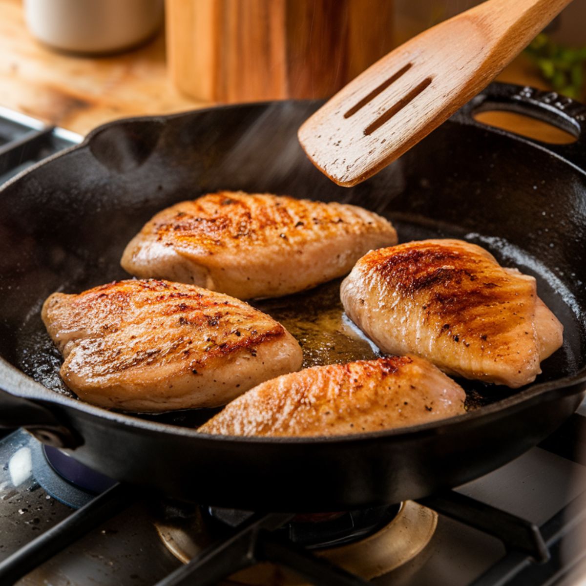 Golden-brown cubed chicken cooking in a skillet with olive oil, with a wooden spatula stirring the pieces.