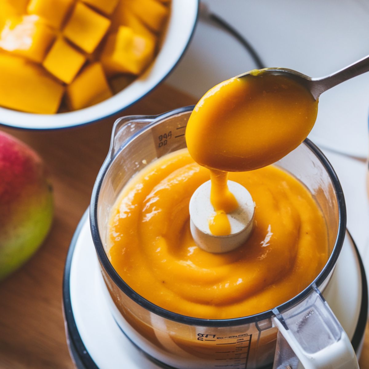 Blending fresh mango puree for the mango panna cotta layer.